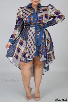 Olivia Mark - Stylish Deep Blue Print Patchwork Turndown Collar Shirt Dress - Fashionable Casual Wear for Plus Size Deep Blue Dress, Wedding Ballet Flats, Jesenia Perez, Collar Shirt Dress, Adrienne Bailon, Classy Clothes, Collared Shirt Dress, Dress Sleeve Styles, Plaid Dress Shirt