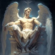 a man sitting on top of a statue with angel wings