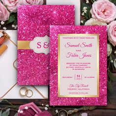 pink and gold glitter wedding stationery with roses