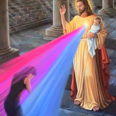 a painting of jesus holding a baby in his arms with rainbow beams coming from it