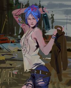 a digital painting of a woman with blue hair holding a water bottle and looking at the camera