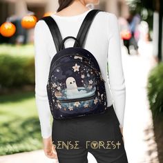 "Mini black vegan leather Cute ghost in garden bath backpack, Halloween spooky Women Casual PU Backpack, Kawaii goth back to school day pack * School backpack made of vegan leather with sublimation print * Size: H10.8\" x W10.2\" x D 5.1\"* 1 Main compartment for books, a small laptop and iPad,etc. * Metal zipper closure and 2 sides with zipper pockets * Adjustable slide shoulder straps buckles with inner pocket ❣️PRODUCTION and DELIVERY TERMS: All items are shipped out from our China print prov Cute Halloween Backpack For Everyday Use, Cute Halloween Travel Backpack, Cute Halloween School Backpack, Halloween School Backpack, Skater Backpack, Spooky Women, Teen Backpack, Backpack Kawaii, Goth Kawaii