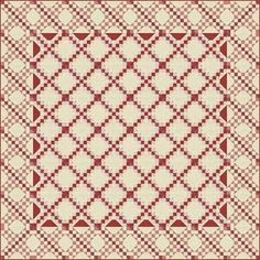 a red and white quilt with an intricate design in the center, on a beige background