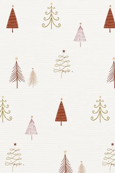 christmas trees on a white background with red and gold trimmings are featured in this seamless pattern