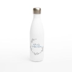 a white bottle with blue writing on the side and a silver cap is shown in front of a white background