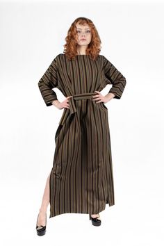 A unique, one-of-a-kind striped kimono-sleeved summer dress, perfect for a party, festival or just casual wear. The dress design is inspired by the art of the break of 19th/20th centuries in Vienna, especially by the works of the Wiener Werkstatte. Made of 100% natural wool It is super comfortable and provides a feeling of freedom. The loose cut can be tamed with a matching wrap-belt, for when you need a little more control. Dress measurements: Size: S/M Lenght: 138 cm / 54,33 in (measured from hem to shoulder) Hem circumference: 124 cm / 48,82in It is also possible to order a similar-cut dress made with different fabric/color/patterns/decorations (custom sized to your measurements) - contact us to place your order. The final price may vary depending on the details of your order and materi Striped Long Sleeve Maxi Dress For Summer, Long Sleeve Striped Maxi Dress For Summer, Casual Long Striped Dresses, Casual Long Sleeve Striped Dress, Casual Long Sleeve Dresses With Vertical Stripes, Spring Striped Long Sleeve Maxi Dress, Black Vertical Stripes Summer Dress, Striped Long Sleeve Midi Dress For Beach, Striped Maxi Dress For The Beach