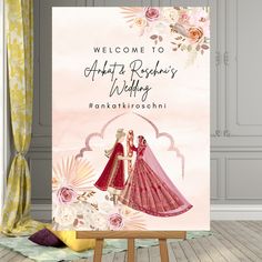 a welcome card with an image of two brides