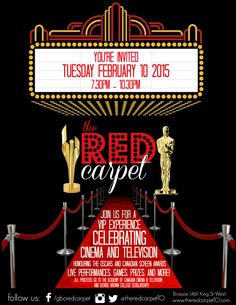 the red carpet event poster with an oscar statue and awards on display in front of a theater marquee