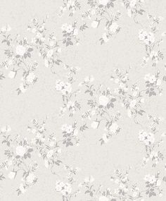 a white and gray floral wallpaper with small flowers on the top, in shades of grey