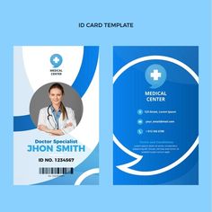 a medical id card template with a nurse badge on the front and back side, in blue