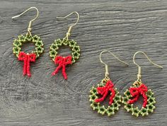 Glass seed beads of vibrant red, sparkling green, Christmas tree green with a hint of gold.  All hand woven to form a dainty Christmas wreath.  Very light weight, great for that everyday of the month celebration. The ear wire is not real gold, but it is lead and nickel free.  As someone who has sensitivities to metals myself, I can relate.  Theres also an option for stainless steel ear wire. Wreath Beaded Earrings, Handmade Gold Beaded Earrings For Christmas, Christmas Gold Beaded Earrings, Gold Beaded Christmas Earrings, Christmas Festive Gold Beaded Earrings, Festive Gold Beaded Christmas Earrings, Gold Beaded Earrings For Christmas, Green Beaded Earrings For Holiday Gift, Gold Beaded Earrings For Holiday