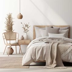 a bed with white sheets and pillows in a room next to a chair, table and plant