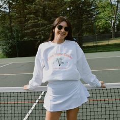 Embrace a tropical state of mind with this adorable beach club crew! This cute summer sweatshirt is perfect for a beach day, girls trip, or soaking up those summer vibes. Pair this crew with your favorite bikini or beach shorts for a cute and tropical outfit. This white crew will have your sorority name and established date embroidered in peach thread and a cute palm tree stitched in the middle. Model is wearing a large Summer Athleisure Sweatshirt For Loungewear, Summer Athleisure Sweatshirt, White Summer Sweatshirt For Beach, Summer Crew Neck Athleisure Sweatshirt, Summer Athleisure Sweatshirt With Crew Neck, Summer Athleisure Crew Neck Sweatshirt, Sporty Letter Print Sweatshirt For Summer, White Summer Sweatshirt For Loungewear, Sorority Names