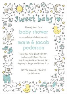 a baby shower is shown with the words sweet baby on it's front and back