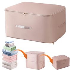 a large pink storage box next to several folded blankets and an orange arrow pointing towards it