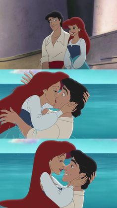 the little mermaid and prince kissing each other in disney's animated movie, ariel