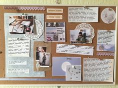 a bulletin board covered in pictures and papers