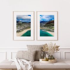 two pictures hanging on the wall above a bench