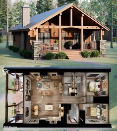 this is an image of a small cabin in the woods with lofts and living quarters