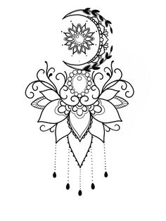 a black and white drawing of a flower with a crescent in the middle, surrounded by beads