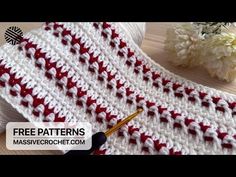 the crochet pattern is being used to make a scarf with red and white stripes