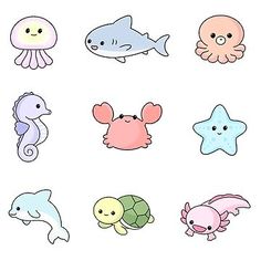 an assortment of sea animals on a white background