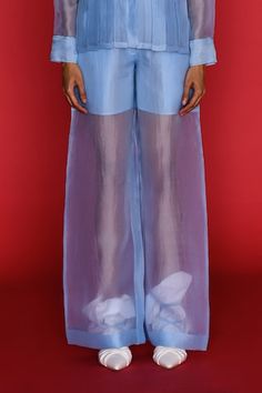 Blue shirt in a solid base with pleats. Comes with sheer pant. - Aza Fashions Blue Sheer Party Bottoms, Sheer Blue Party Bottoms, Chic Organza Party Bottoms, Sheer Blue Bottoms For Summer, Sheer Pant, Sheer Pants, Blue Organza, Organza Shirt, Pant Women