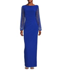 Marina Boat Neck Long Beaded Elastic Cuff Sleeve Matte Jersey Back Slit Sheath Gown | Dillard's Royal Blue Mother Of The Groom Dresses, Capelet Dress, Formal Wedding Guest Dress, Dressy Dress, Bride Gown, Bride Outfits, Sheath Gown, Groom Dresses, Mob Dresses