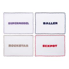 four embroidered placemats with the words'sexpot ','supermodel,'and'baller '