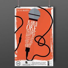 an orange poster with a microphone on it