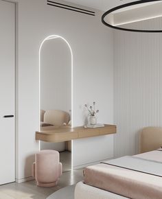 a bedroom with a bed, desk and mirror