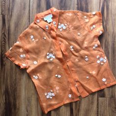 Sheer Light Weight Material Has A Light Wear In The Back But Besides That Good Condition Spring Orange Silk Top, Orange Silk Top For Spring, Orange Silk Tops For Spring, Orange Silk Top For Summer, Summer Orange Silk Tops, Orange Silk Summer Tops, Orange Silk Blouse For Spring, Floral Blouse, Color Orange