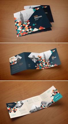 three fold brochure mockups with geometric shapes