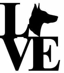 the word love with a dog's head on it is shown in black and white