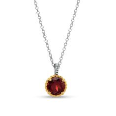 Simple and elegant, this gemstone drop pendant adds eye-catching interest to any look. Crafted in sterling silver and 10K gold, this style showcases a 7.0mm regal red garnet solitaire wrapped in a gold rope-textured frame. A silver rope-textured bail completes the design. Buffed to a brilliant luster, this pendant suspends along an 18.0-inch rolo chain, with additional closure rings at 14.0 and 16.0 inches, that secures with a spring-ring clasp. Formal Birthstone Pendant Necklace, Formal Sterling Silver Birthstone Necklace With Diamond Cut, Elegant Sterling Silver Gemstones, Elegant Round Birthstone Gemstones, Elegant Birthstone Necklace With Prong Setting For Formal Events, Elegant Birthstone Necklace With Prong Setting For Formal Occasions, Elegant Teardrop Pendant Birthstone Necklace, Elegant Birthstone Pendant Necklace With Gemstone Accents, Elegant Birthstone Necklace With Gemstone Accents For Anniversary