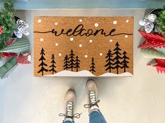 Winter Trees Snow Doormat Diy Winter Doormat, Winter Door Mat Ideas, Winter Door Mat, Random Diys, Winter Doormat, Summer Doormat, Spring Doormats, Door Mat Diy, Fall Doormat