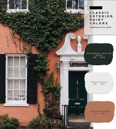 an orange house with black shutters and white trim on the front door is shown