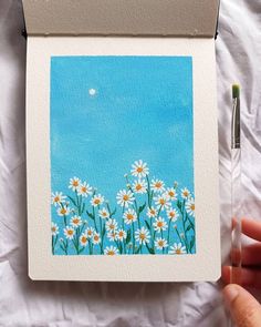 a painting of daisies in the foreground with a full moon in the background