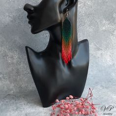 Colorful long seed beaded earrings, boho beaded earrings, shoulder dusters Red Beaded Earrings, Beadwork Earrings, Earrings Chandelier, Red Earrings, Seed Bead Earrings, Fringe Earrings, Bead Earrings, Long Earrings, Chandelier Earrings