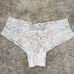 Nwot Victoria’s Secret White Lace Cheeky Panty. Size Small White Bras And Panties, White Lace Loungewear Bottoms, Victoria's Secret White Bottoms With Lace Trim, Victoria's Secret White Lace Trim Bottoms, White Lace Trim Bottoms By Victoria's Secret, White Lace Long Pants, Cute Bras, Bras And Panties, Bra Set