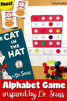 the cat in the hat alphabet game is on display next to some books and buttons