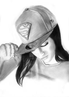 a drawing of a woman wearing a superman hat and holding a baseball cap over her head