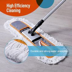 a mop with the words high efficiency cleaning on it and an image of a floor