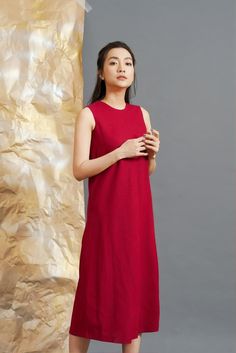 "INFO: -FABRIC: * Colors: Please choose the color you want to have from our Color Chart above * Material: Linen. * Fabric Weight: Medium -FEATURE: * Subtle Round Neckline * Pockets * A line / Swing Dress * Handmade / Made to Order * Dress Length: 115 cm (45.25 inches) -FIT: * This listing is SLEEVELESS and in MIDI length. * Dress is of loose fit designed to have and extra room for body changes. * If you do not want a loose fit look, you should go one size down. This item is MADE TO ORDER, using Plain Linen Dress, Linen Loose Dress, Aesthetic Dress, Dress Handmade, Basic Dress, Line Dress, Extra Room, Loose Dress, Linen Dress