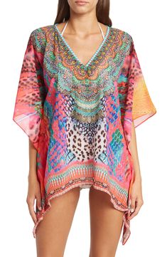 Unleash your free boho spirit in this poncho styled with vivid allover patterns and beaded embellishments. 28'' length (OS) V-neck Kimono sleeves All-over print Woven 100% polyester Dry clean Imported Model stats: 5'10", 32" bust, 25" waist, 36" hip. Model is wearing size OS. Beaded Embellishments, Poncho Style, Kimono Sleeves, Kimono Sleeve, Nordstrom Rack, Scarf Accessory, Embellishments, Cover Up, Multi Color