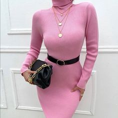 Ribbed Turtle Neck Sweater Dress Bubblegum Pink Dress, Turtle Neck Sweater Dress, Pink Turtle, Blue Knit Dress, Boho Pullover, Denim Midi Dress, Boho Summer Dresses, Bodice Dress, Turtleneck Sweater Dress