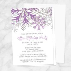 a purple and white holiday party card with snowflakes on it