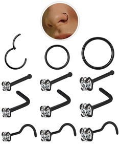 PRICES MAY VARY. 12 sets for sale. (Contains 9 pcs black nose studs and 3 pcs nose rings hoops) Better polish, higher brightness & High quality zircon, more sparkling. [MATERIAL ]: black nose rings and studs are made of 316L surgical steel.They are smooth and hypoallergenic,can be worn for long periods of time without tarnishing or fading. [SIZE]: Small nose studs gauge size: 20G=(0.8mm), Cubic zirconia nose studs size:1.5-2.0-3.0mm, Bar Length: 6.5mm. The black nose rings hoops gauge size: 18G= Nose Stud Sizes, 18g Nose Ring, Black Nose Ring, Small Nose Studs, Straight Nose, Conch Piercing Jewelry, Lip Rings, Daith Piercing Jewelry, Nose Piercing Stud