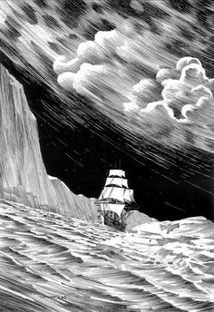 a drawing of a ship in the middle of an ocean with mountains and clouds behind it