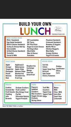 a lunch menu with the words build your own lunch written in different colors and font